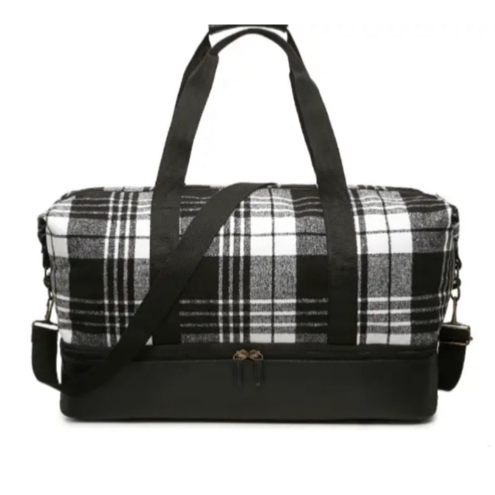 NEW Plaid Weekender Bag with Bottom Compartment in Black & White, New w/Tag